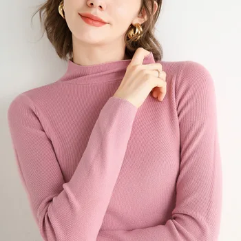 

Ladies solid color half high collar solid color long sleeve knitted T-shirt red