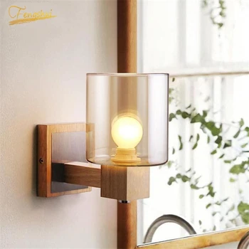 

Nordic Retro Glass Lampshade Wall Lamp Nordic Design Oak Solid Wood Led Wall Lamps Stairs Corridor Bedside Wall Light Fixtures