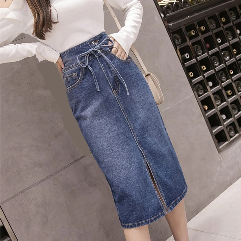 RealShe Women Skirt Long High Waist Solid Bow Bandage Skirts Womens Spring Autumn Denim Skirt Women Elegant Jupe Femme