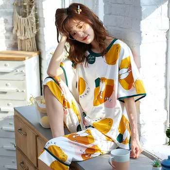 

Cartoon Print Women Summer Sleepwear Homewear Short Sleeve Calf-length Pants Leisure Wear Loose Casual Pyjama Pajamas Set S067