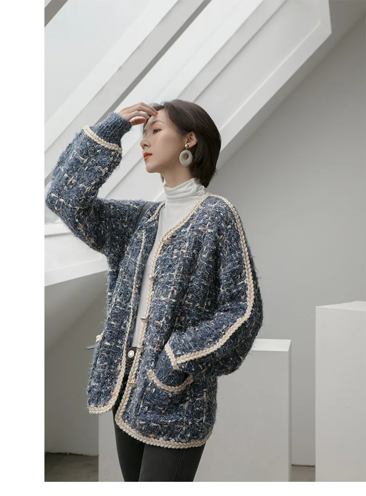 TVVOVVIN Autumn Concise Small Real Easy Long Sleeve Single Row Buckle Hemp Flowers Edge Sweater For Girl Woman ZX164