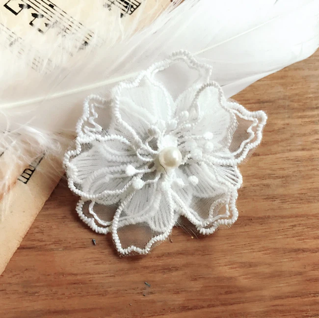 

Flower Lace Applique 10pcs Ivory Beige Beaded Organza Embroidery Floral Patches for Dress Sweater Clothes 6cm 2.36" Wide L14F30