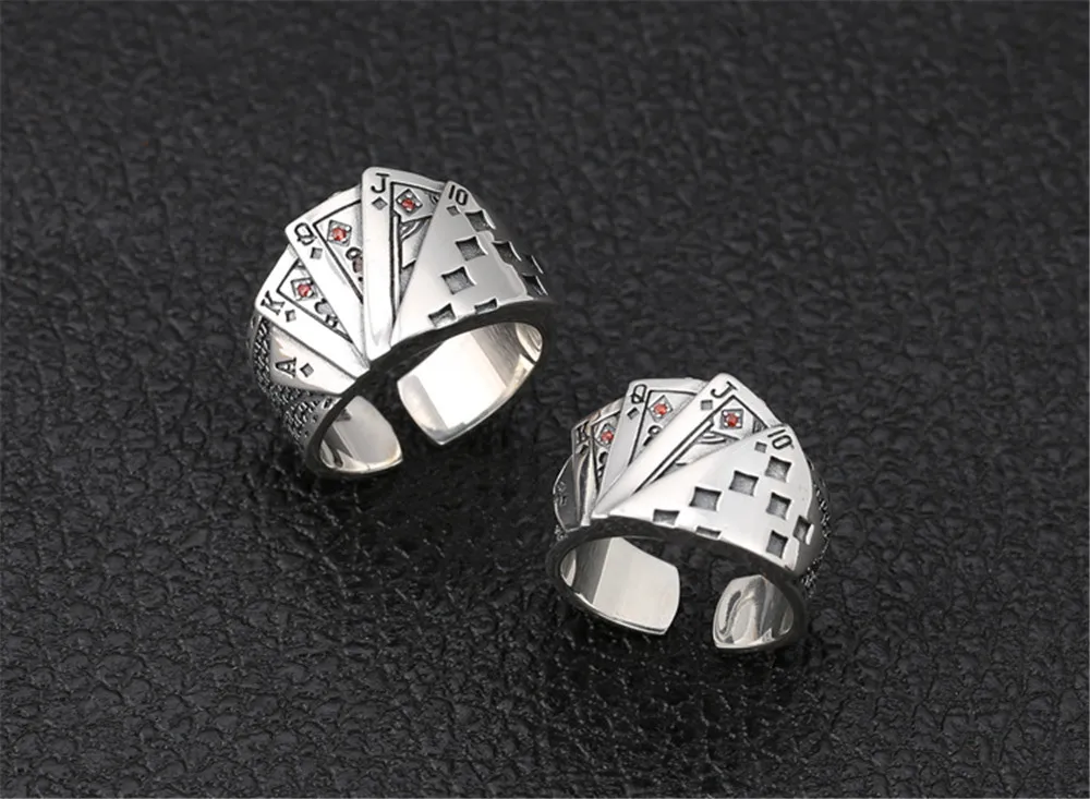 Подлинные 925 пробы серебряные женские винтажные Простые открытые кольца Poker дизайнерские модные украшения для женщин открывающиеся Регулируемые кольца подарок
