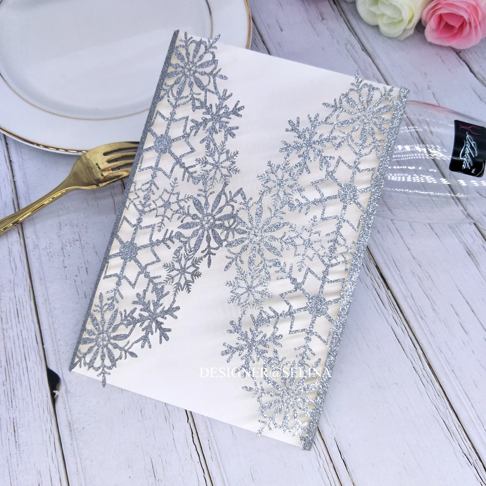 Серебряная блестящая Снежинка Лазерная резка, для свадьбы Пригласительные открытки с блестящим дном и лентой