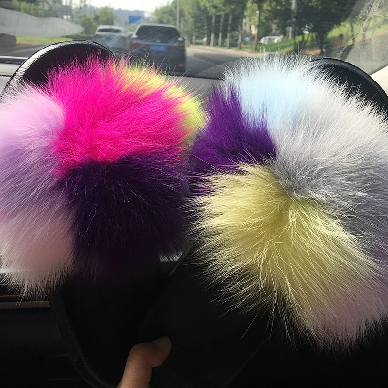 

Hot sale Real Fox Fur Slipper Women Slides Sliders Fashion Spring Summer Autumn Winter Fluffy Fur Lady PVC sole