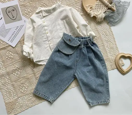 Новое поступление, джинсовые штаны с карманами для мальчиков и девочек, весенние модные детские джинсовые штаны, От 2 до 7 лет