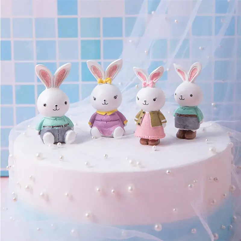 2pcs Cartoon Rabbit Cake Topper Decoration Resin Rabbit Ornament Birthday Baby Shower Party Cake Decorating Party Supplies A35