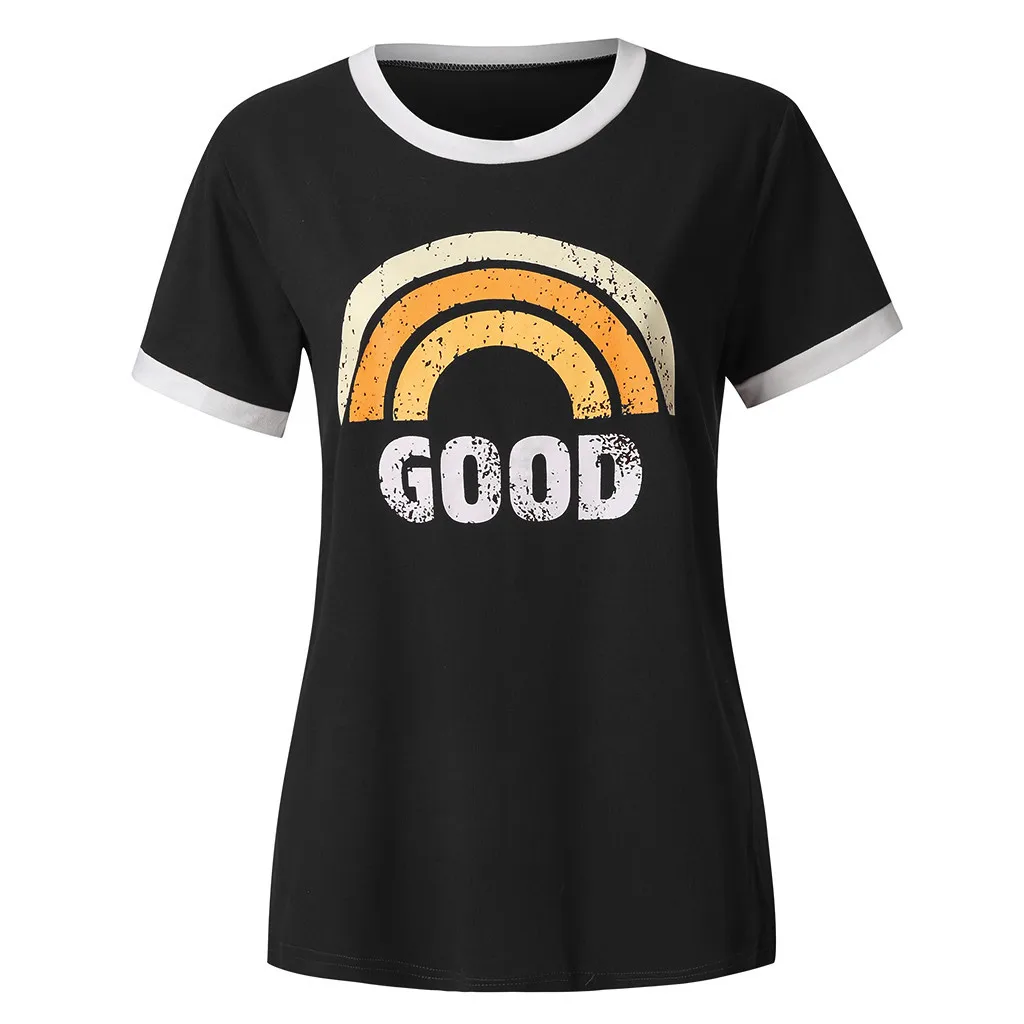 T shirt ladies Women Summer Letters rainbow Printing Short Sleeve Shirt round neck Casual Tunic Tops 