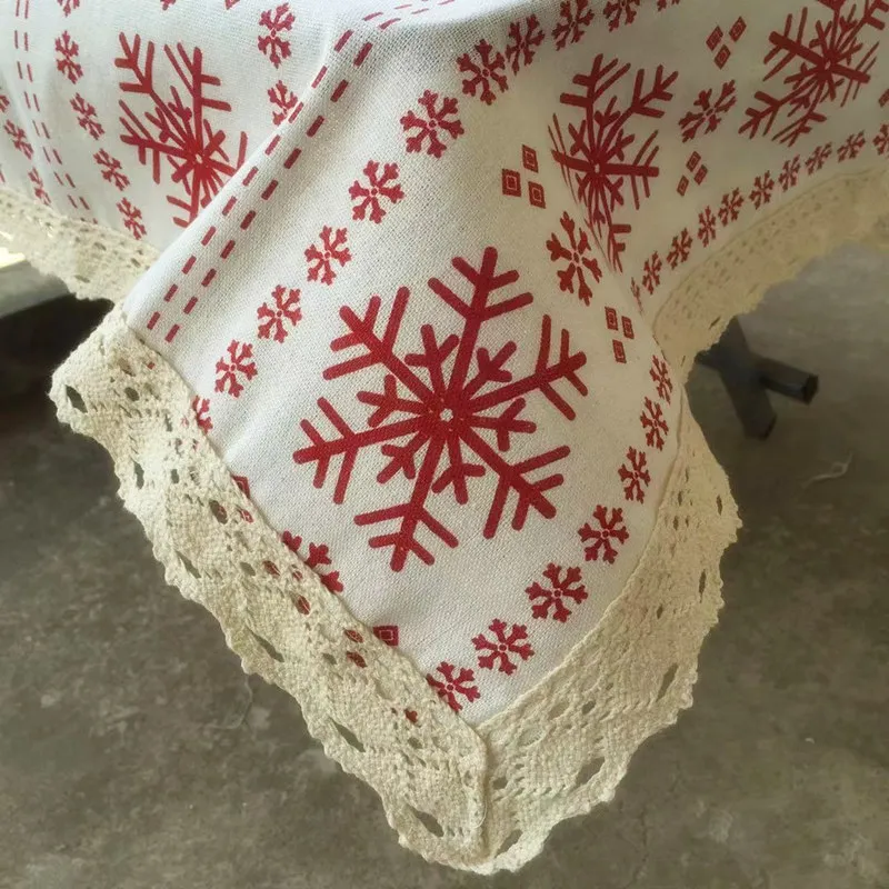 with lace Хлопок льняная скатерть простой красный Рождественский снежный узор Европейский стиль крышка моющиеся настольные скатерти для чайного стола - Цвет: with lace
