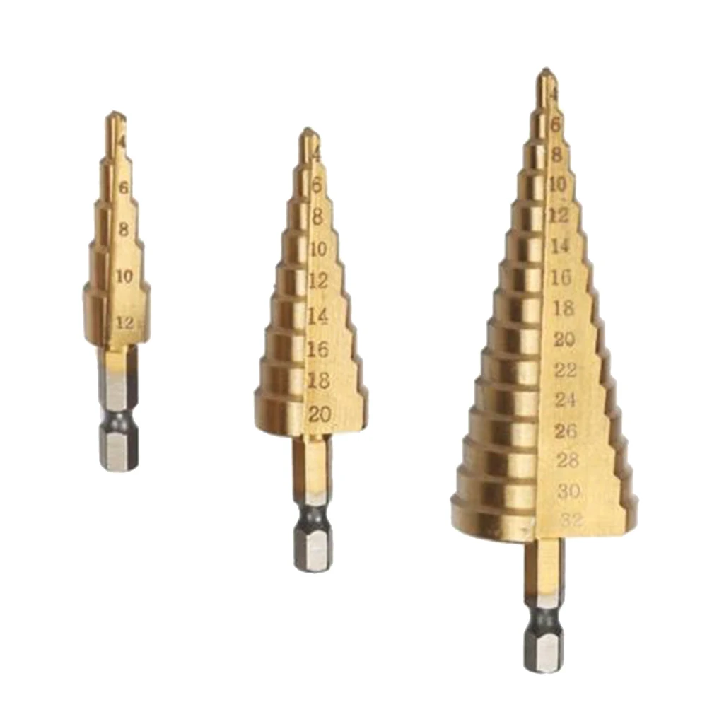 3Pcs Hex Shank HSS Titanium Coated Step Drill Bit Set 4-12/4-20/4-32mm