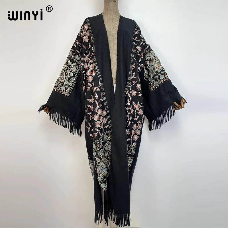 WINYI Winter bathing suit women tassel Pashmina Embroidery Long Coat Loose Lapel OverCoat Thick Warm Middle East Female KIMONO