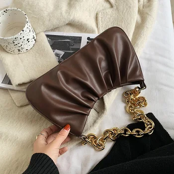 

Folds Design PU Leather Shoulder Bags for Women 2021 Winter Branded Handbags and Purses Luxury Chain Black Red Hand Bag