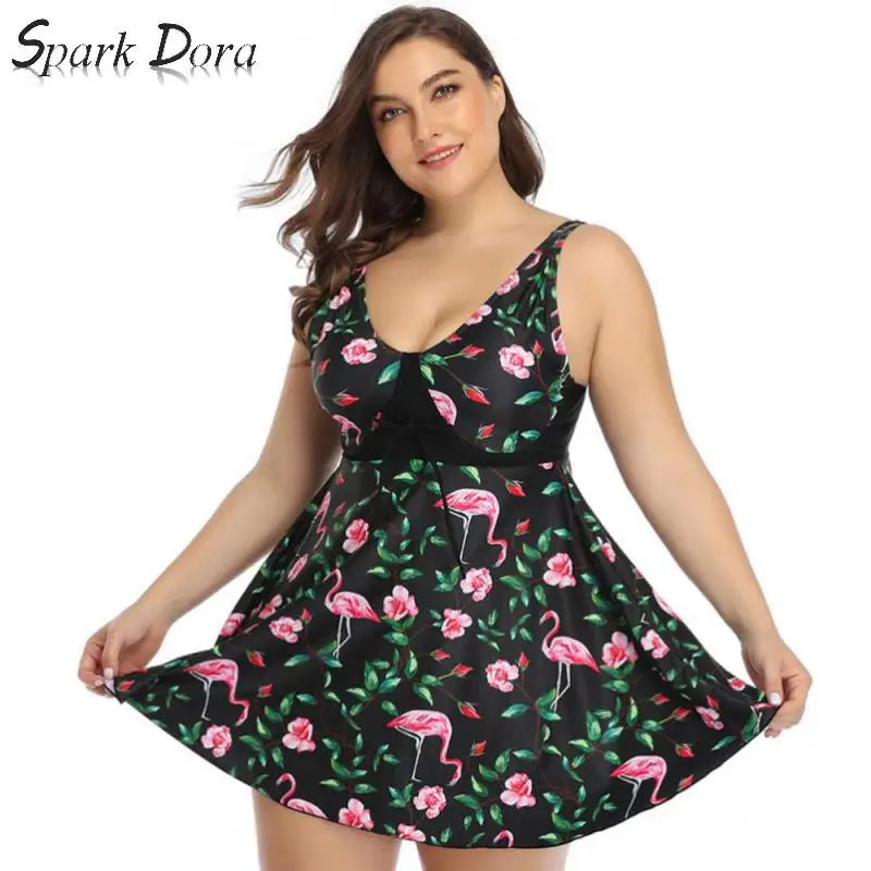 SparkDora Flamingo Print Tankini Swimsuit Women Swim Skirt Plus Size Two Piece Swimwear 2020 Bikini Vintage Swim Beach wear 5xl SparkDora Flamingo Print Tankini Swimsuit Women Swim Skirt Plus Size Two Piece Swimwear 2020 Bikini Vintage Swim Beach wear 5xl