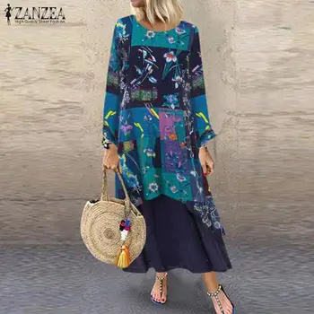 

2020 ZANZEA Autumn Fashion Party Sundress Women Casual Long Sleeve Dress Printed Patchwork Long Shirts Vestidos Famele Kaftan