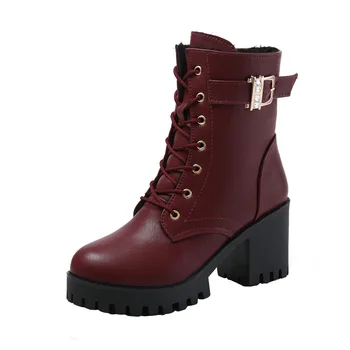 

Hot Sale Women Boots Lace Up Flat Biker Combat Wine Red Boots Shoes Buckle Woman Botas Women Martin Boots 2019 New yuj8