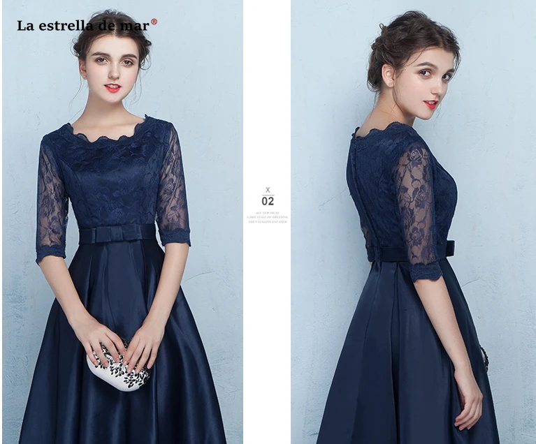 Vestidos fiesta boda новое платье из кружева, с вырезом на шее, атласное платье с коротким рукавом, ТРАПЕЦИЕВИДНОЕ темно-синее платье подружки невесты, чайное удлиненное платье na wesele Plus