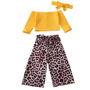 

1-6Y Toddler Kids Baby Girls Clothes Sets Long Sleeve Off Shoulder T Shirts Tops+Leopard Print Wide Leg Pants Headband 3pcs