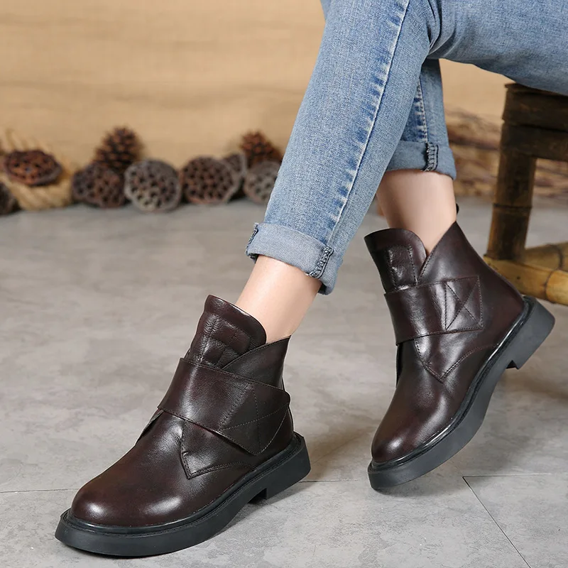 Women's shoes Plush warm boots women's hand casual Retro Leather cotton boots - Цвет: Dark Brown