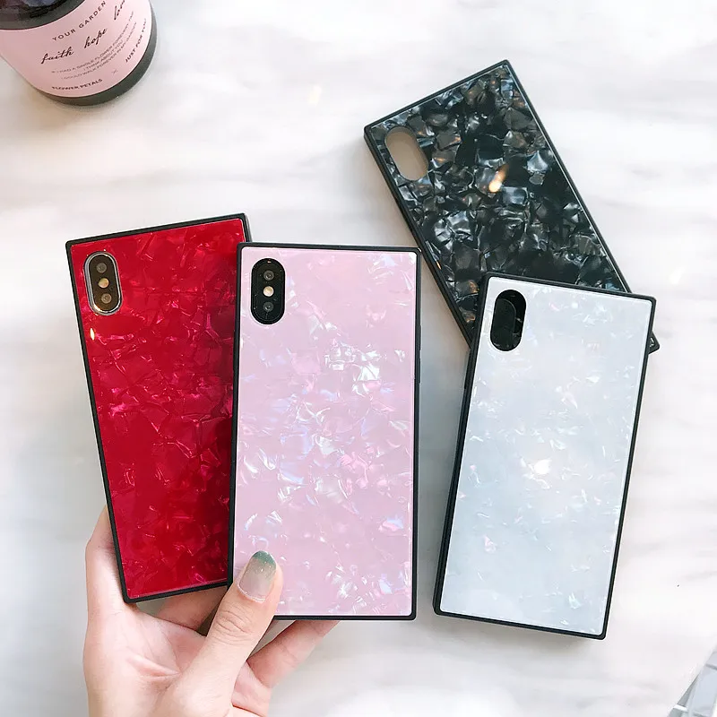 

Square Tempered Glass Pattern Painted Mirror Cover for iPhone 6 6s Plus 7 8 Plus X Soft Silicone Bumper New iPhone XS MAX XR XS