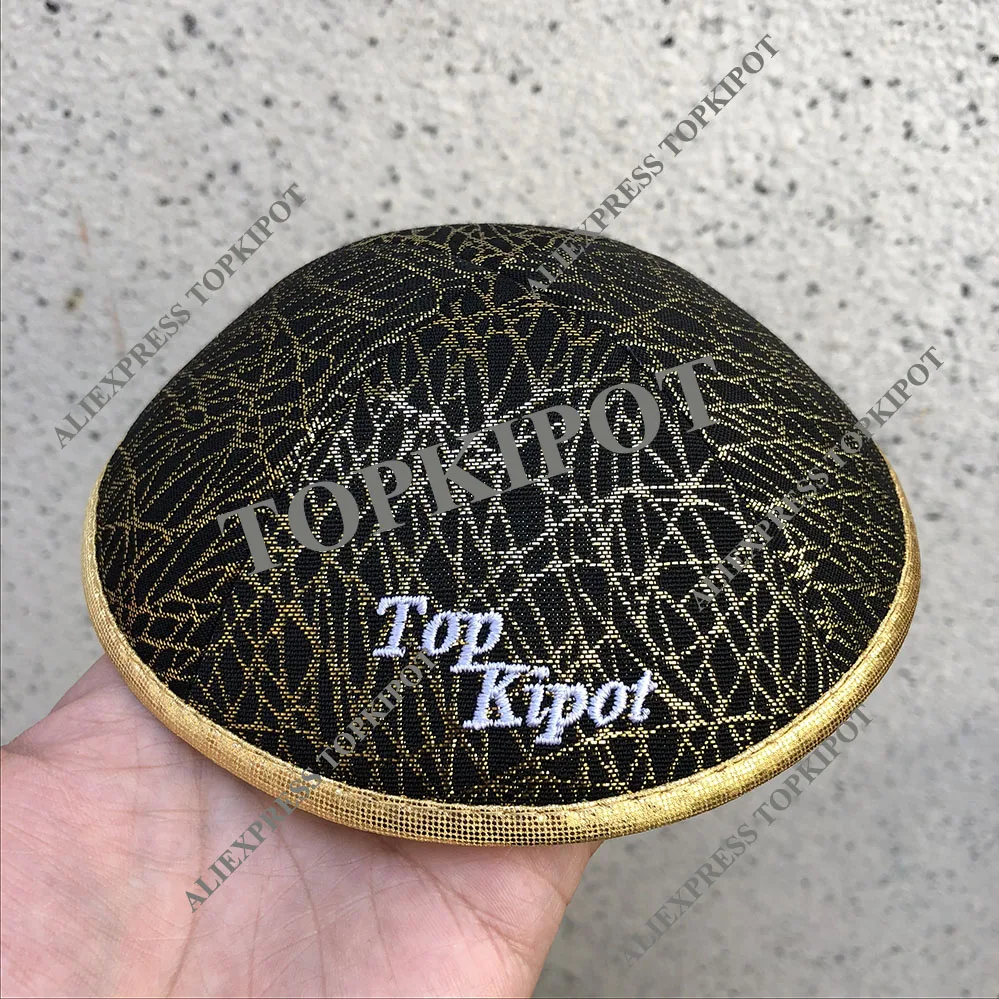 Золотая нить на черном Сатине JACQUAD KIPPA с белой вышивкой TOPKIPOT