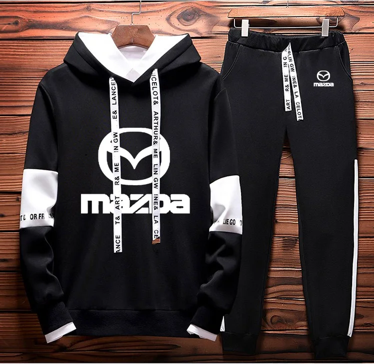 Mens Hoodies sweatshirt Mazda Car Logo Printed Spring Autumn Hoodies+Pants 2Pcs Sporting suit Fleece Warm Thick sportwear - Цвет: Черный