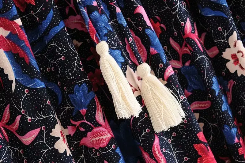 Boho chic летнее платье в винтажном стиле; с принтом цветов и птиц плиссированная юбка макси для женщин модная эластичная кулиска на талии с кисточками пляжные юбки
