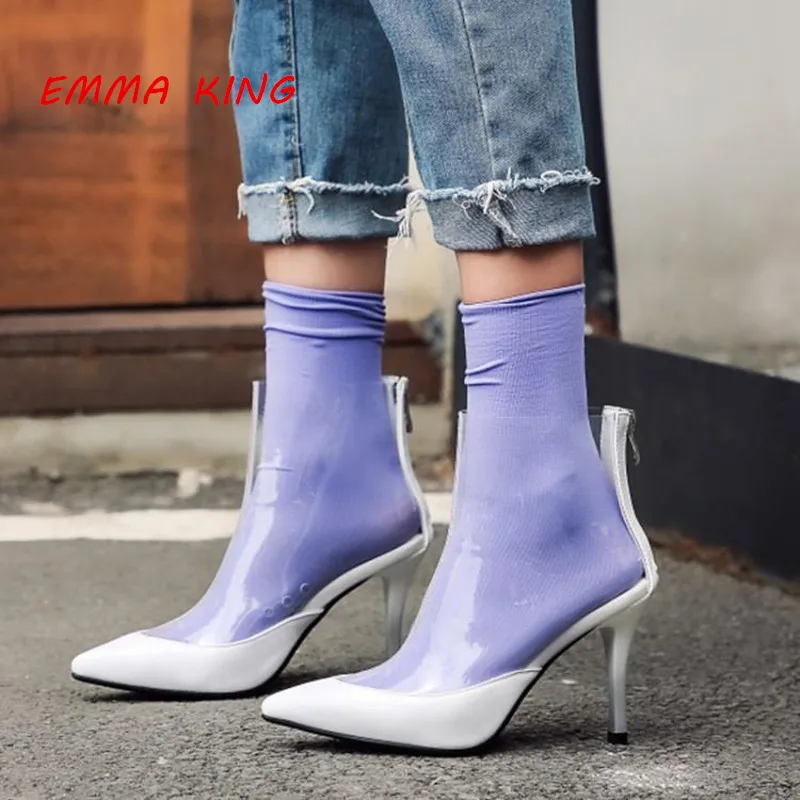 

2020 Spring New PVC Transparent Pointed Toe Ankle Boots Women Back Zip Stiletto High Heels Ladies Sexy Shoes White Black Leather