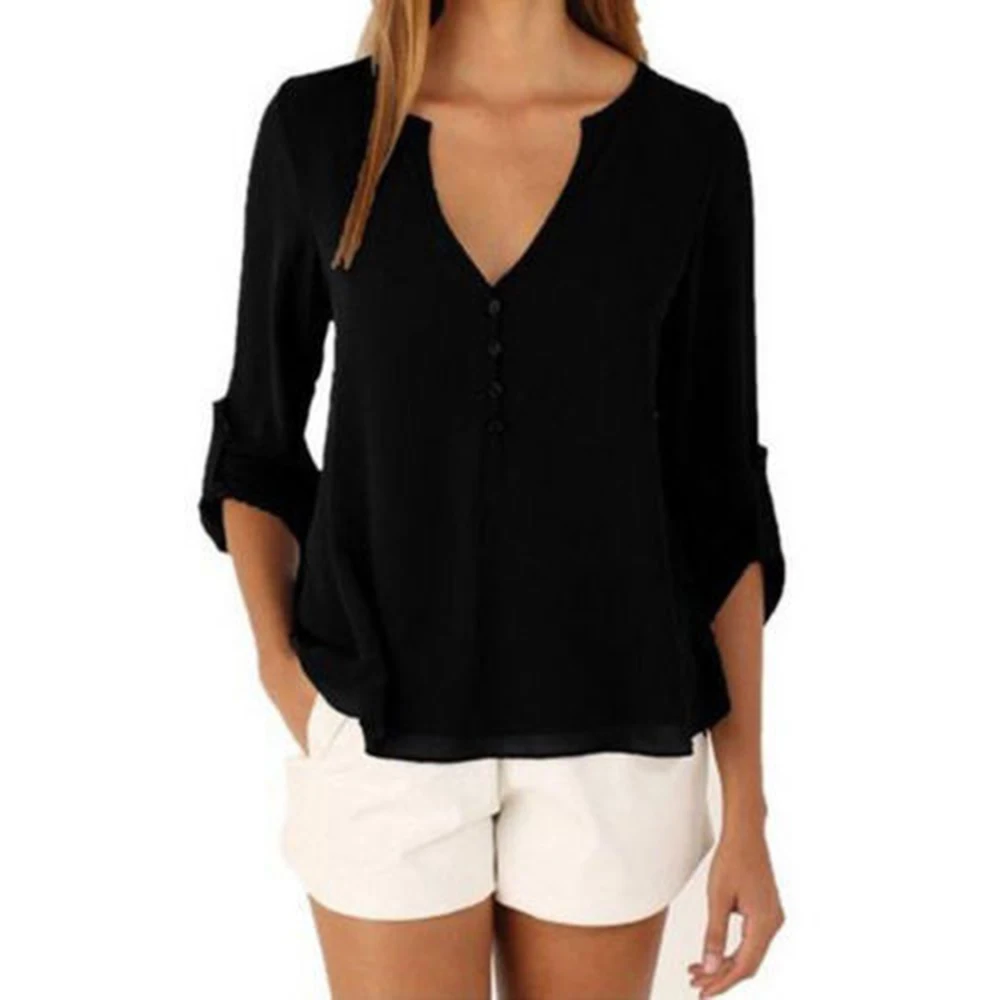 

Fashion Women Blouse Shirts Long Sleeve Chiffon Blouse Plus Size V-neck Chic Elegant Clothes Ladies Loose Tops Chiffon Shirt