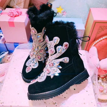 

2020 autumn and winter handmade sweet sequins butterfly rhinestone short tube flat sleeve warm ladies snow boots