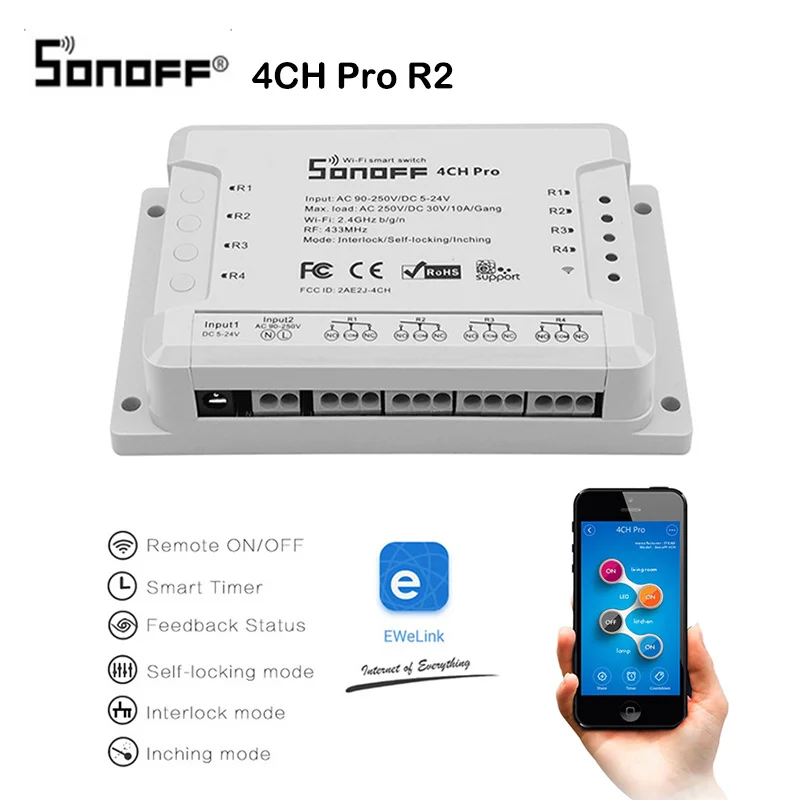 Sonoff 4CH Pro R2 433 МГц 4 канала RF беспроводной дистанционный Wifi умный переключатель инчинг интерлок реле Alexa Google Home