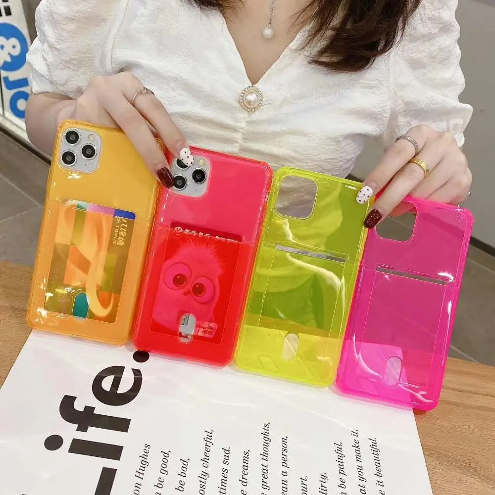 Neon Clear Wallet Card Holder Case for iPhone 11 Pro Max XR XS X 7 8 Plus Silicone Fluorescence Slim Phone Cover | Мобильные