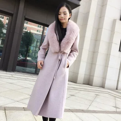Pink Новое кашемировое пальто из лисьего меха, высококачественное шерстяное пальто с большим меховым воротником, двухстороннее женское длинное пальто до колена - Цвет: Pink