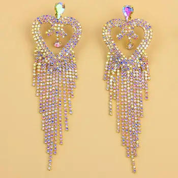 

GLAMing Drop Earrings Rhinestone Heart Dangle for Women Fashion Jewelry 2020 Silver Color Tassel Crystal Long Earrings AB Stones