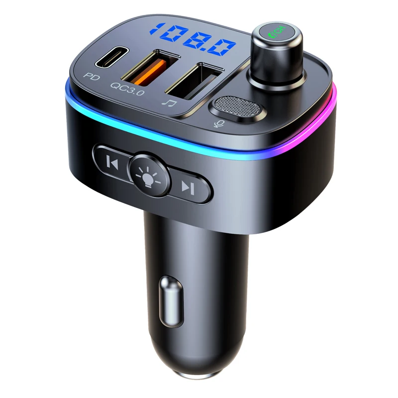 Car Bluetooth 5.0 FM Transmitter Car MP3 Player U Disk Music Car Charger Type-C PD QC3.0 Fast Charging 7 Color Ambient Light_voghion.com