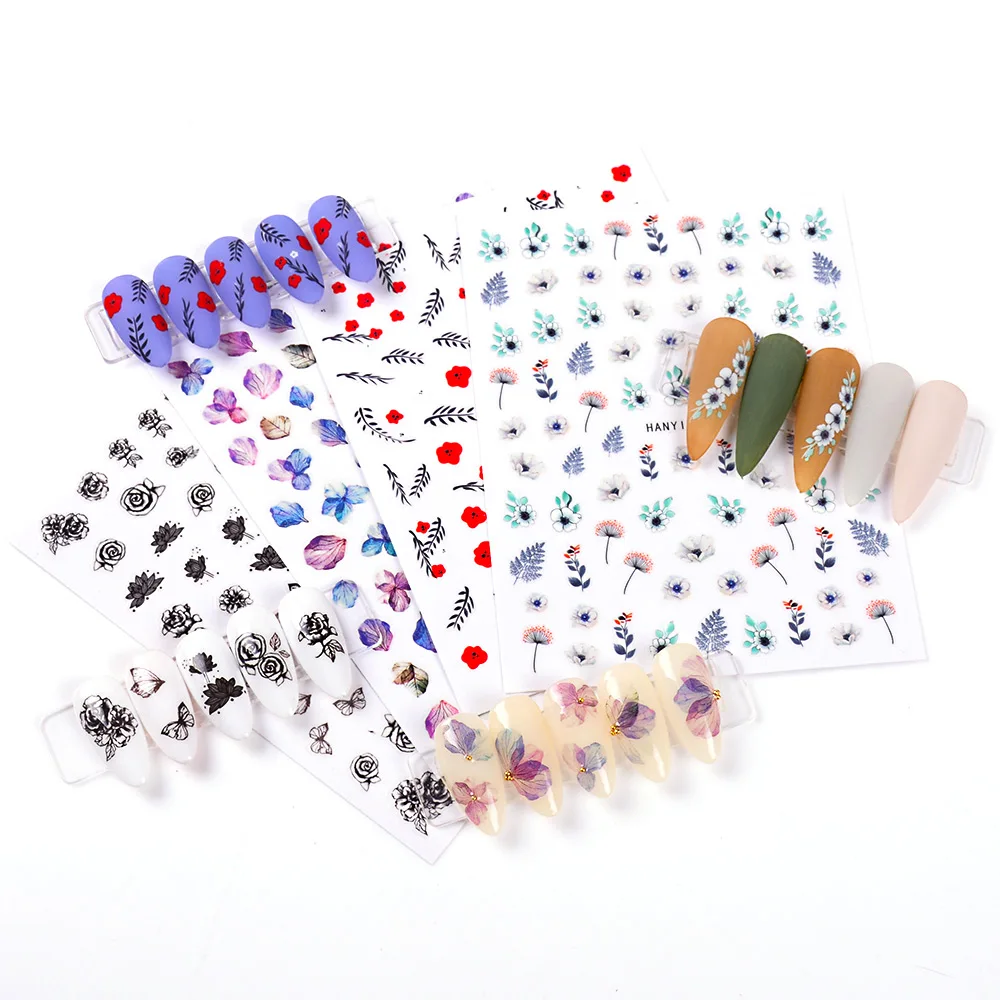 

4 sheet Flower Nail Art Stickers Handmade Manicure Transfer DIY Colorful Flower Nail Art Decoration Adhesive 3D Nail Sticker