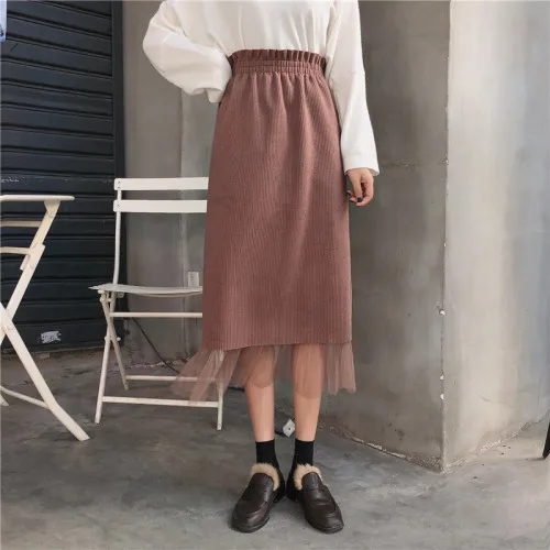 Faldas mujer moda юбки с высокой талией в стиле ампир до колен, прямые Лоскутные Повседневные осенне-зимние новые женские сетчатые юбки - Цвет: Коричневый