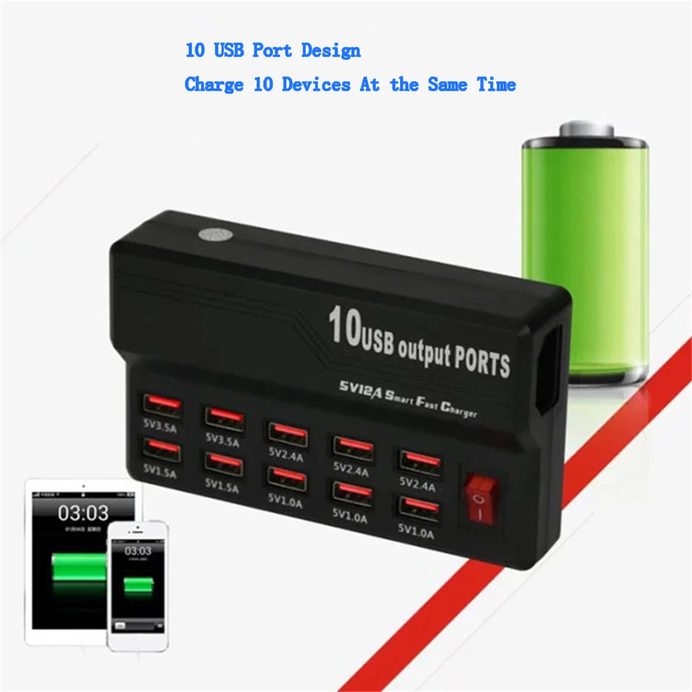 10 USB 12A мощность 60 Вт многопортовое зарядное устройство Быстрая зарядка станция для IPhone 7 5 5S 6 6S Plus IPad LG samsung huawei Nexus адаптер переменного тока