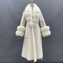 2021 New Arrival kobiety wełny płaszcz z kołnierz z prawdziwego futra lisów mankiet Slim Fit elegancki popędzający kaszmirowy długi płaszcz panie zimowe płaszcze
