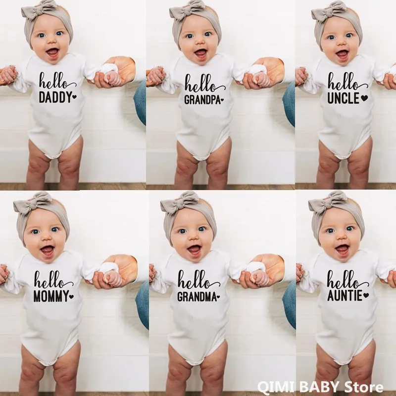

Hello Daddy/Mommy/Grandma/Grandpa Baby Bodysuit Newborn Baby Announcement Clothe Autumn Long Sleeve Baby Boy Girl Onesie Rompers