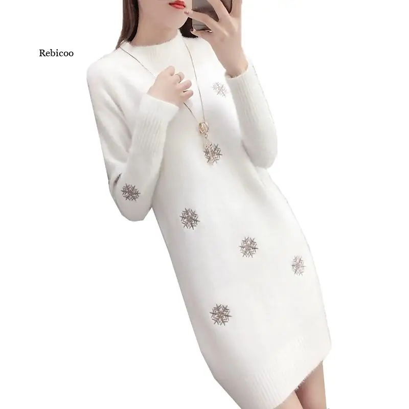 

Женский вязаный свитер, пуловер, новая модель, имитация норкового кашемира, белое платье, зимний свитер с высоким воротником, джемпер, платья