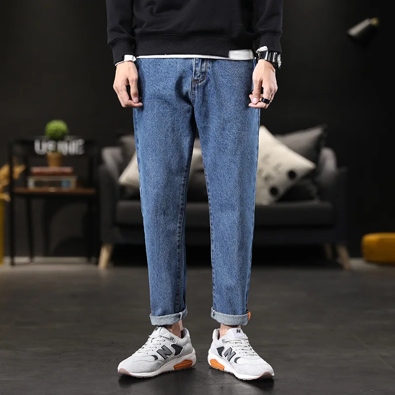 

Straight tube pure cotton jeans men fall feeling wide leg loose dad pants nine point versatile Japanese pants