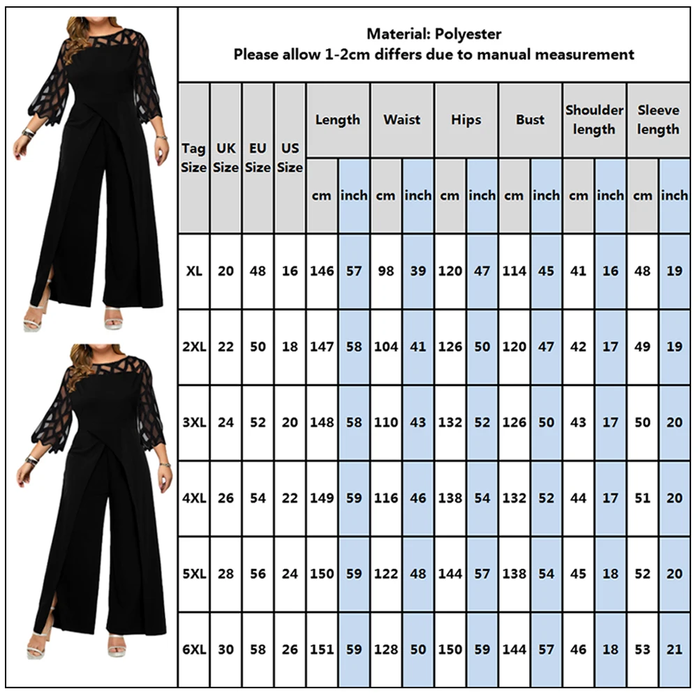 Plus Size Jumpsuit Women Mesh Patchwork Long Sleeve Hollow Out Overalls Loose Casual Wide Leg Playsuit Rompers D30