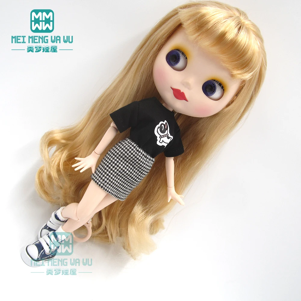 1 шт., Одежда для куклы Blyth, черная футболка, клетчатая юбка для Blyth, Azone OB24 OB23 1/6, аксессуары для кукол