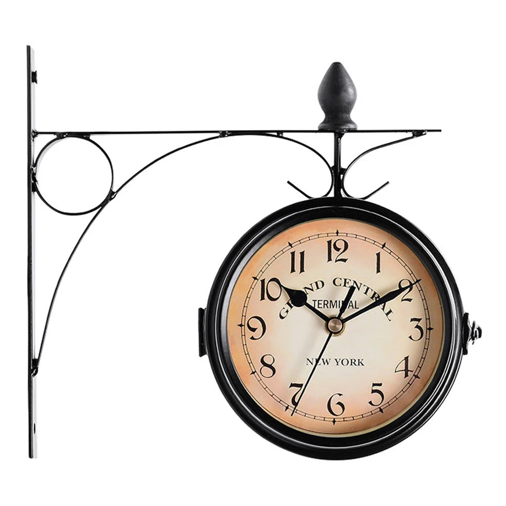 Station Mount European Style Hanging Metal Garden Retro Decoration Vintage Round Battery Powered Wall Clock Outdoor Double Sided