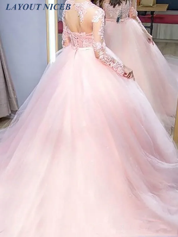 Шикарное Розовое Бальное Платье с длинным рукавом vestidos de 15 anos, кружевное платье с аппликацией, 16 платьев robe de bal
