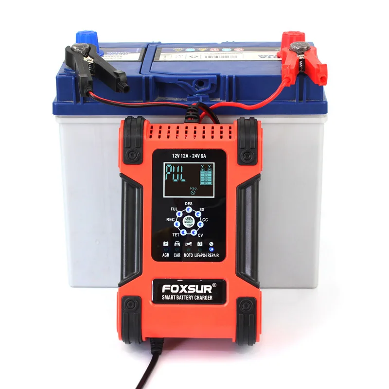 FOXSUR 12V24V 12A Intelligent Pulse Repair Charger Car Battery Charger for Car M