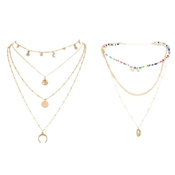 

2 Pcs Necklace for Women Fashion Necklace Pendant Long Necklace, Stars and Moon & Beads Shell Kiss