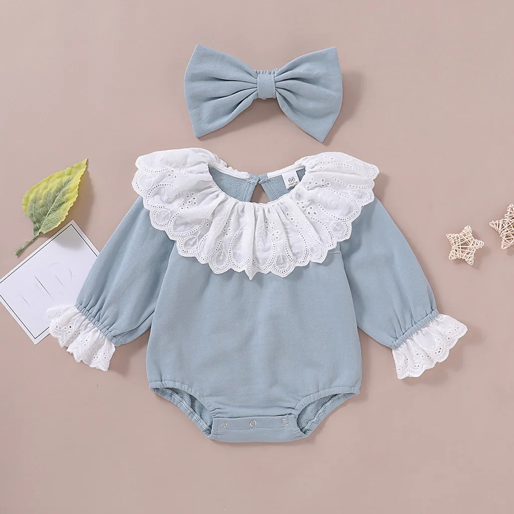 Модный костюм с длинными рукавами для маленьких девочек Однотонное кружевное