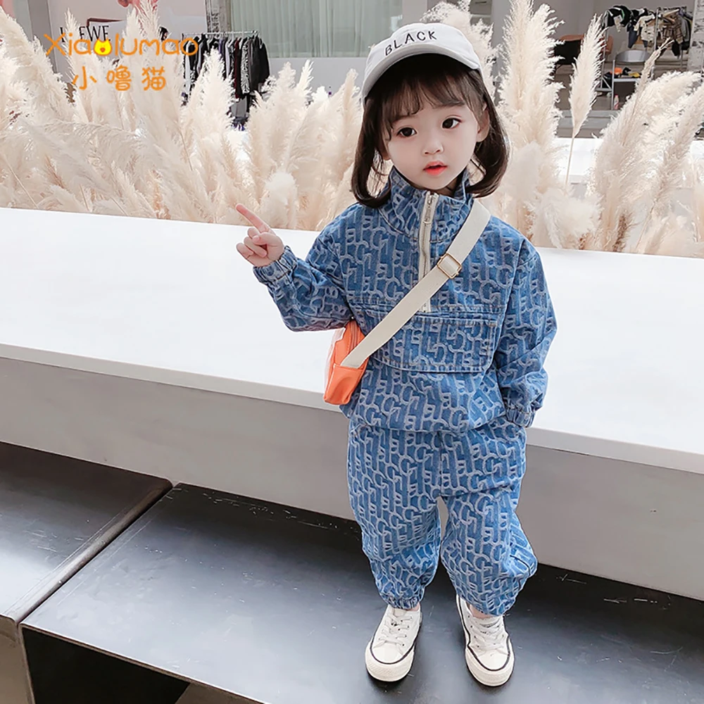 

Kids Clothes Girls 2Pcs Jeans Suit Fashion Half Zipper&Packet Blue Letter Print Baby Set Long Sleeve Children's Costumes 3 To 8
