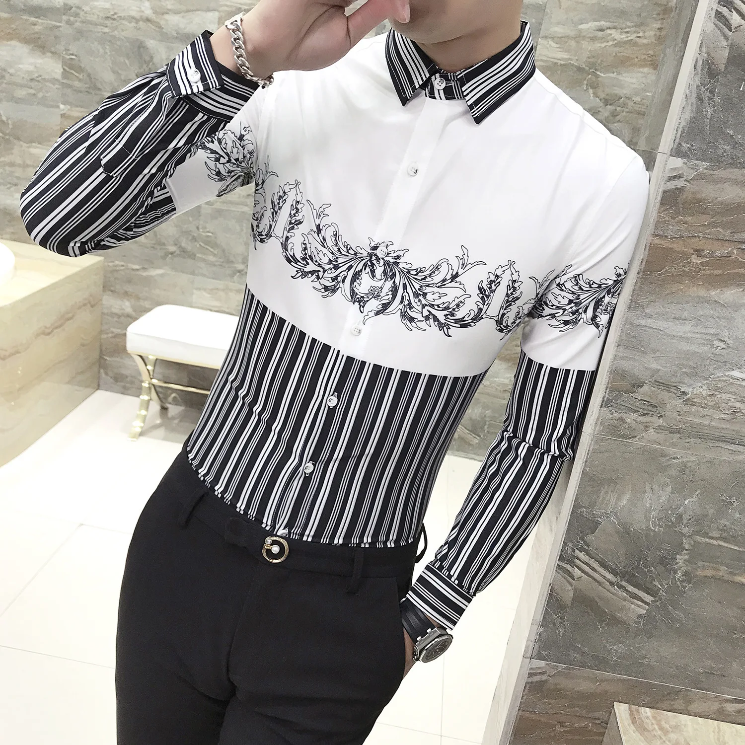 В полоску платье с цветочным принтом рубашка Для мужчин Повседневное Slim Fit Роскошь барокко рубашки Для мужчин s Print Клубная рубашка Camisa Masculina сорочка